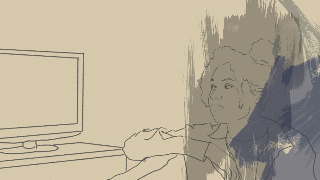 Zeichnung einer Frau, die auf einen Fernseher schaut