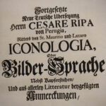 Buchseite mit der Aufschrift: Fortgesetzte neue deutsche Übersetzung Herrn Cesare Ripa von Perugia, Ritters von St. Mauritio und Lazaro Iconologia, oder Bilder-Sprache nebst Kupferstichen und aus allerlen Literatur beigefügten Anmerkungen