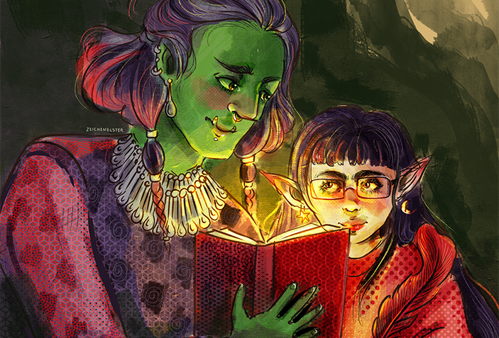 Ein digital gezeichnetes Bild, welches eine freundliche, große Halborkin und eine zierliche Elfin zeigt. Die beiden lesen gemeinsam in einem leuchtenden Buch.
