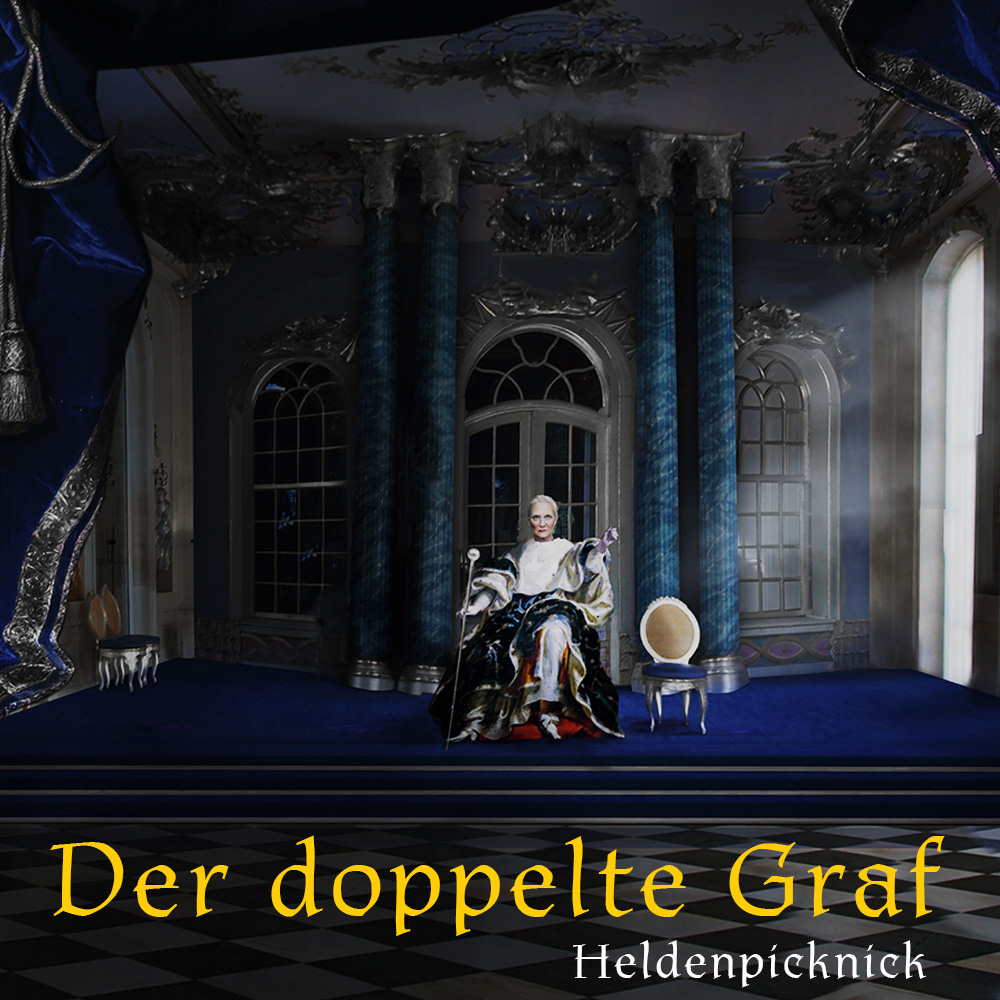 Eine alte Gräfin sitzt auf einem Thron in einem barocken Saal. Alles ist in verschiedenen Blautönen gehalten.