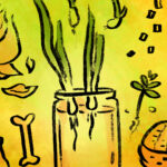 Illustrationen von Lebensmitteln auf einem gelben Hintergrund. Man erkennt Möhrenscheiben, ein Glas mit keimenden Zwiebeln, Knoblauchknollen, Konochen, Kräuter, Orangenschale
