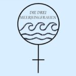 Das Logo des Podcasts "Die drei Meerjungfrauen" - Das Symbol für "Frau" und darin drei Wellen sowie der Titel des Formats.