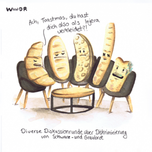 Eine Gruppe von fünf weißen Toastbroten in einer Talkshow im WDR. Es ist ein Symbolbild für die Rassismuskritik der Sendung DIe Letzte Instanz und enthält unter anderem eine Karikatur von Thomas Gottschalk und Janine Kunze.