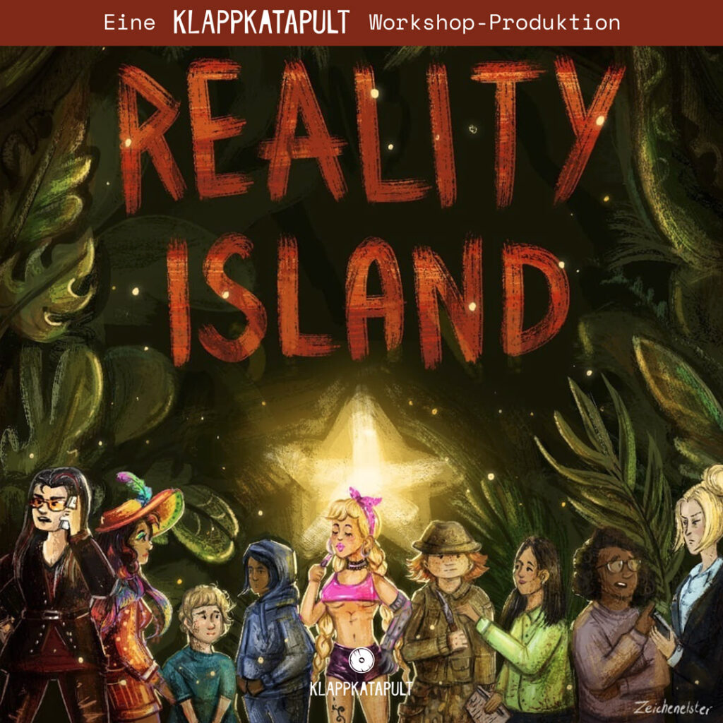 Ein Urwald, der Titel Reality Island schwebt in großen Lettern über acht Figuren. Im Hintergrund leuchtet ein heller Stern.