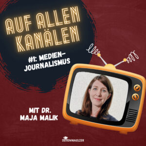 Das Podcastcover: Ein Fernseher, darauf ein Portrait von Maja Malik