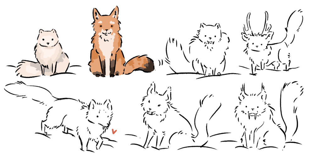 Illustrationen eines Fuchses mit Hörnern und kleinen Reiszähnen