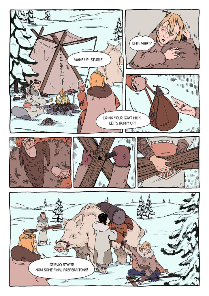 Comicseite, in einer verschneiten Landschaft sitzen einige an Wikinger*innen erinnernde Figuren vor einem Zelt