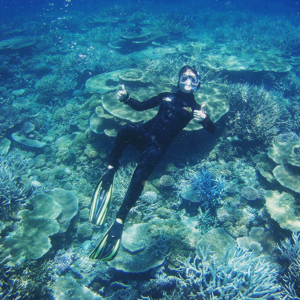 Eine schnorchelnde Person vor einem bunten Korallenriff