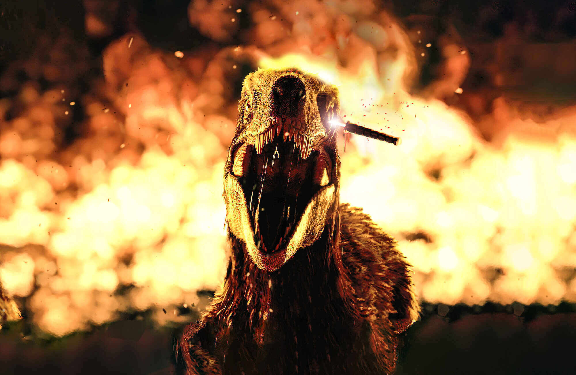 Velociraptor mit Messer im Kopf vor Feuer